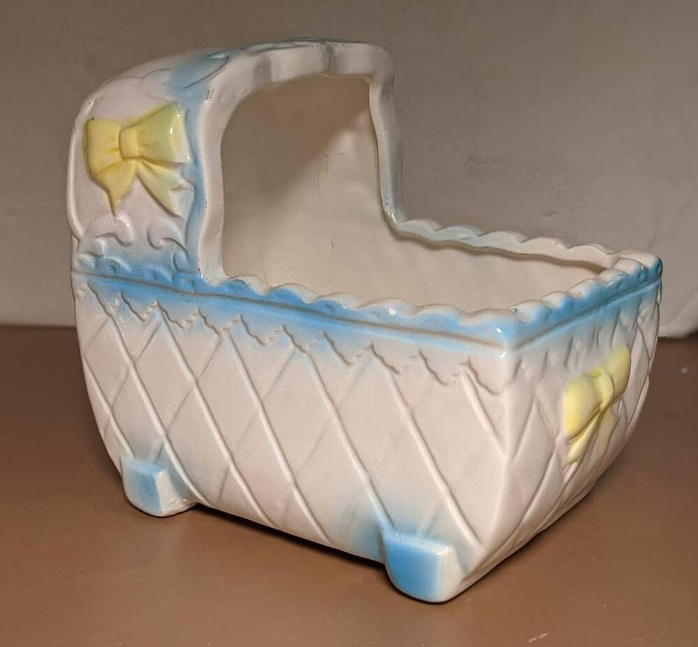 Giftwares Co Nancy Pew Baby Cradle Bassinet Planter Blue White Yellow Bows